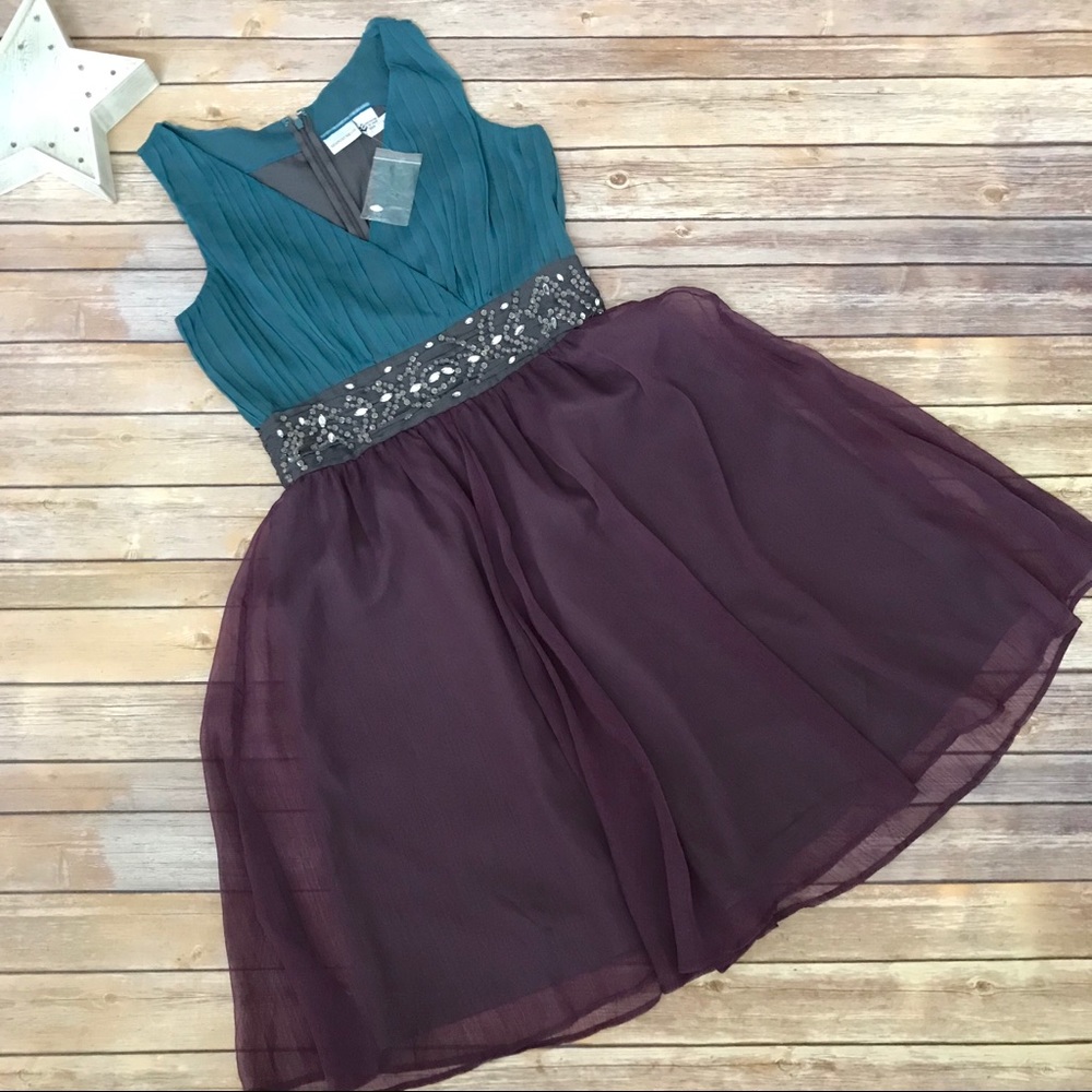 Newport News Teal, Grey, Plum Chiffon Dress Sz 10P